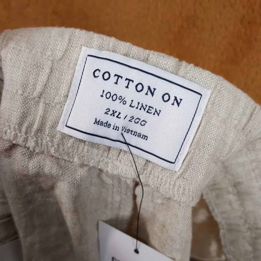 Cotton On Pants Mens XXL Tan Drawstring 100% Linen Tapered Leg Pant